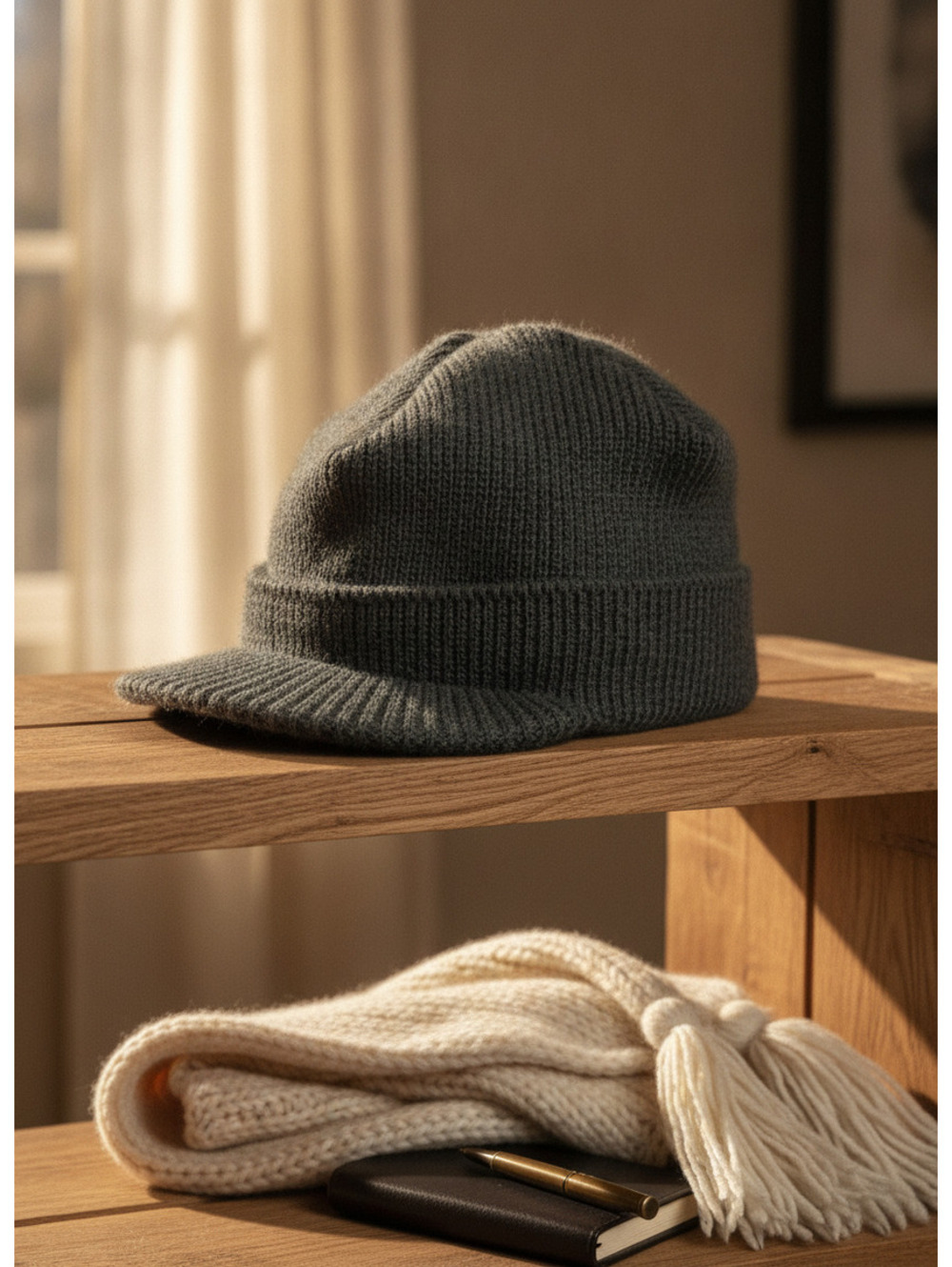 Old Navy Knit Visor Beanie Hat One Size Gray Acrylic Casual